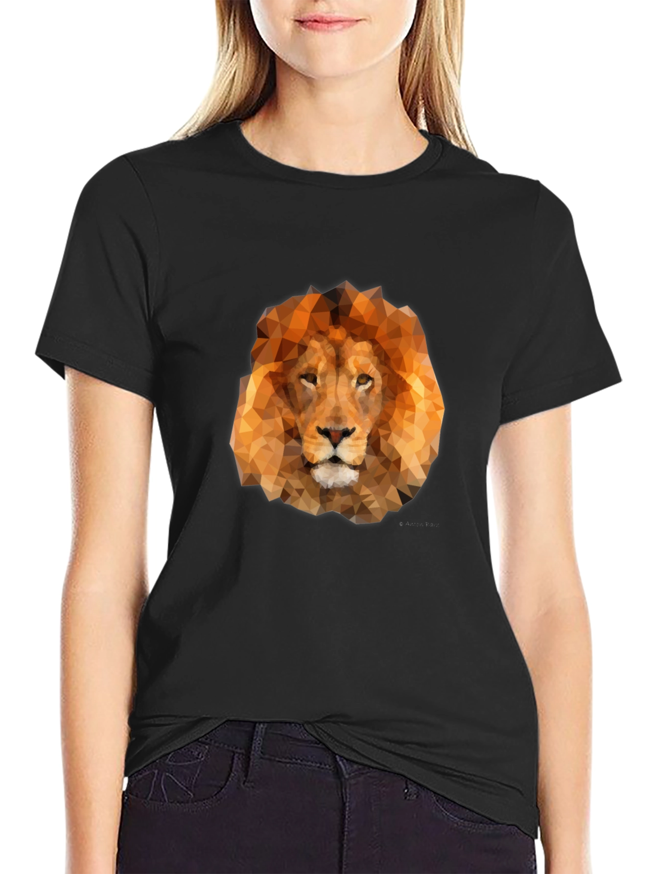Geometric Lion Head Graphic Tee - Black