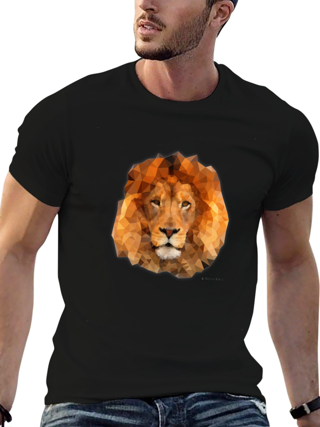 Geometric Lion Head Graphic Tee - Black