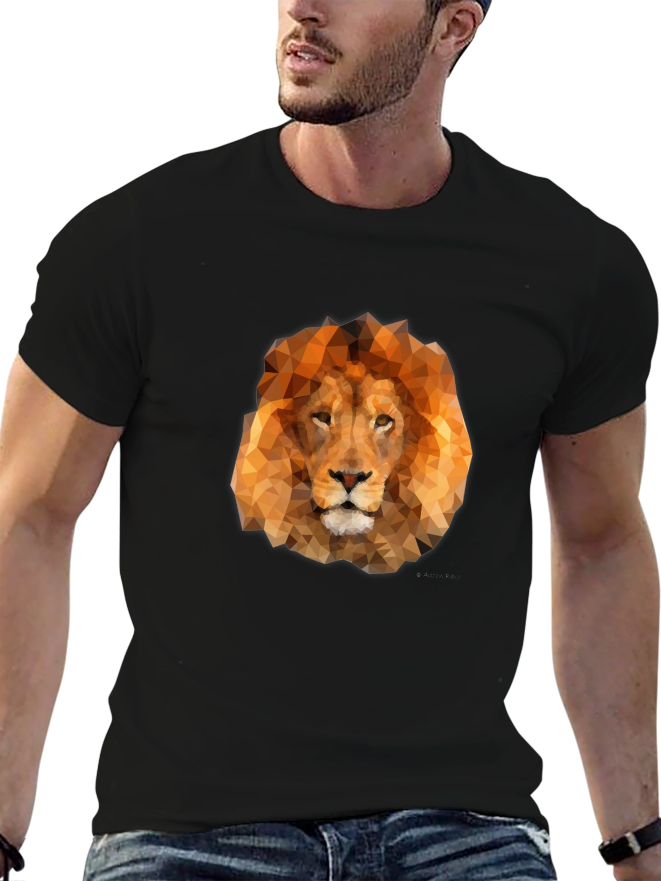 Geometric Lion Head Graphic Tee - Black
