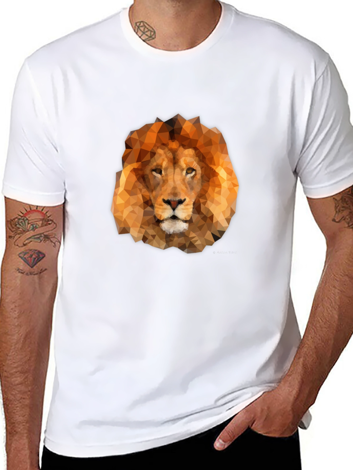 Geometric Lion Head Graphic Tee - Black