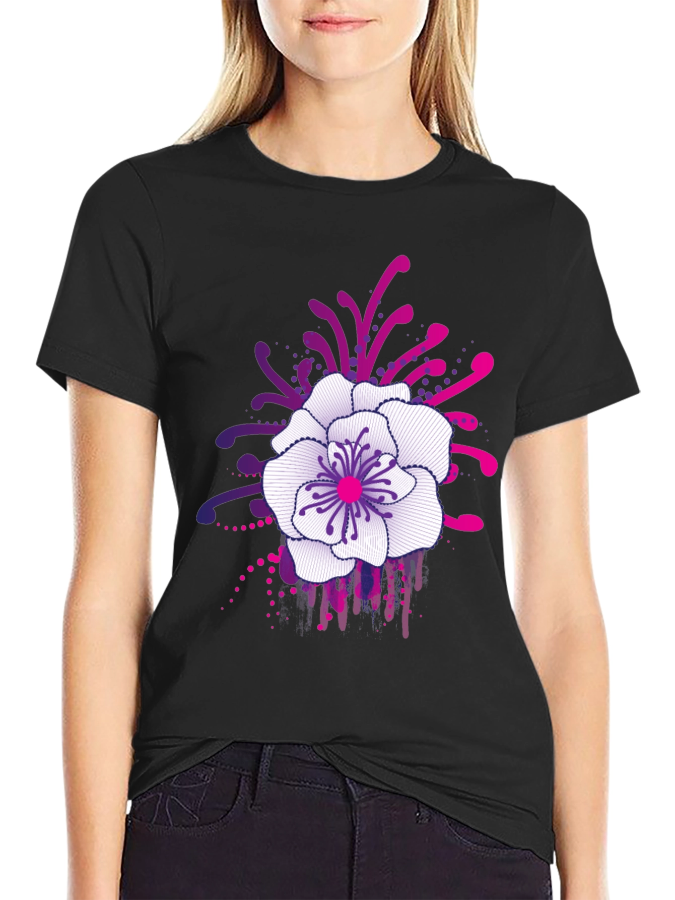 Floral Graphic Print Black T-Shirt