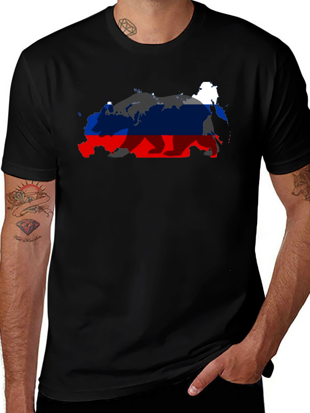 Russia Flag Bear Graphic Black T-Shirt