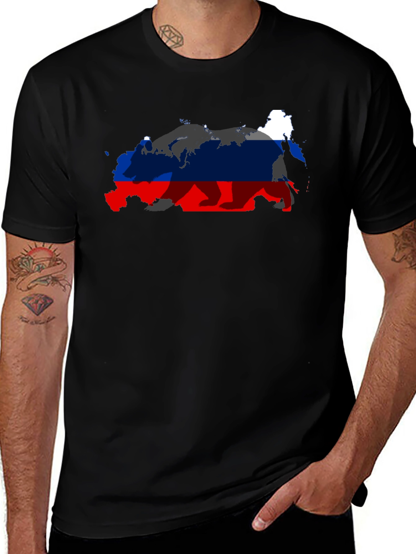 Russia Flag Bear Graphic Black T-Shirt
