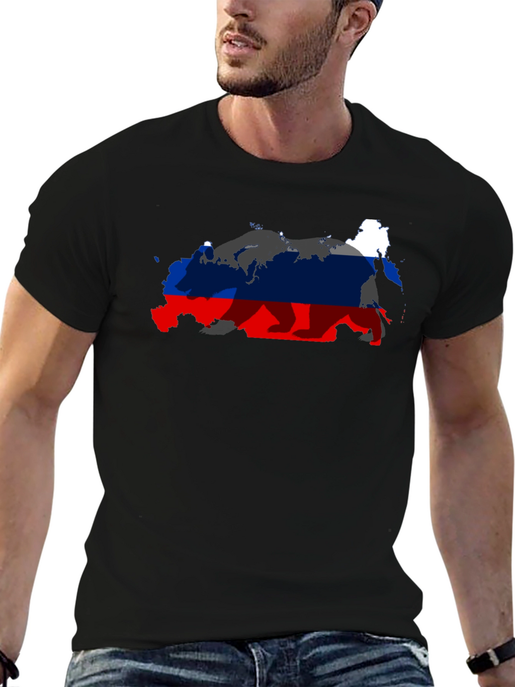 Russia Flag Bear Graphic Black T-Shirt
