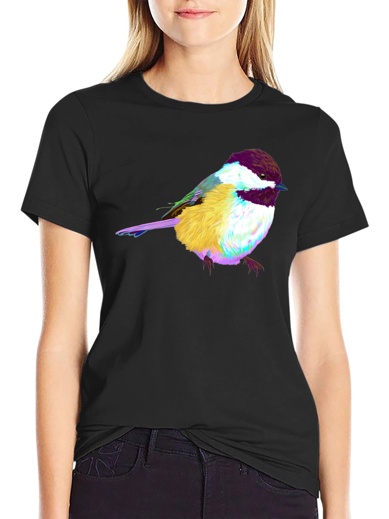 Colorful Bird Graphic Tee - Black