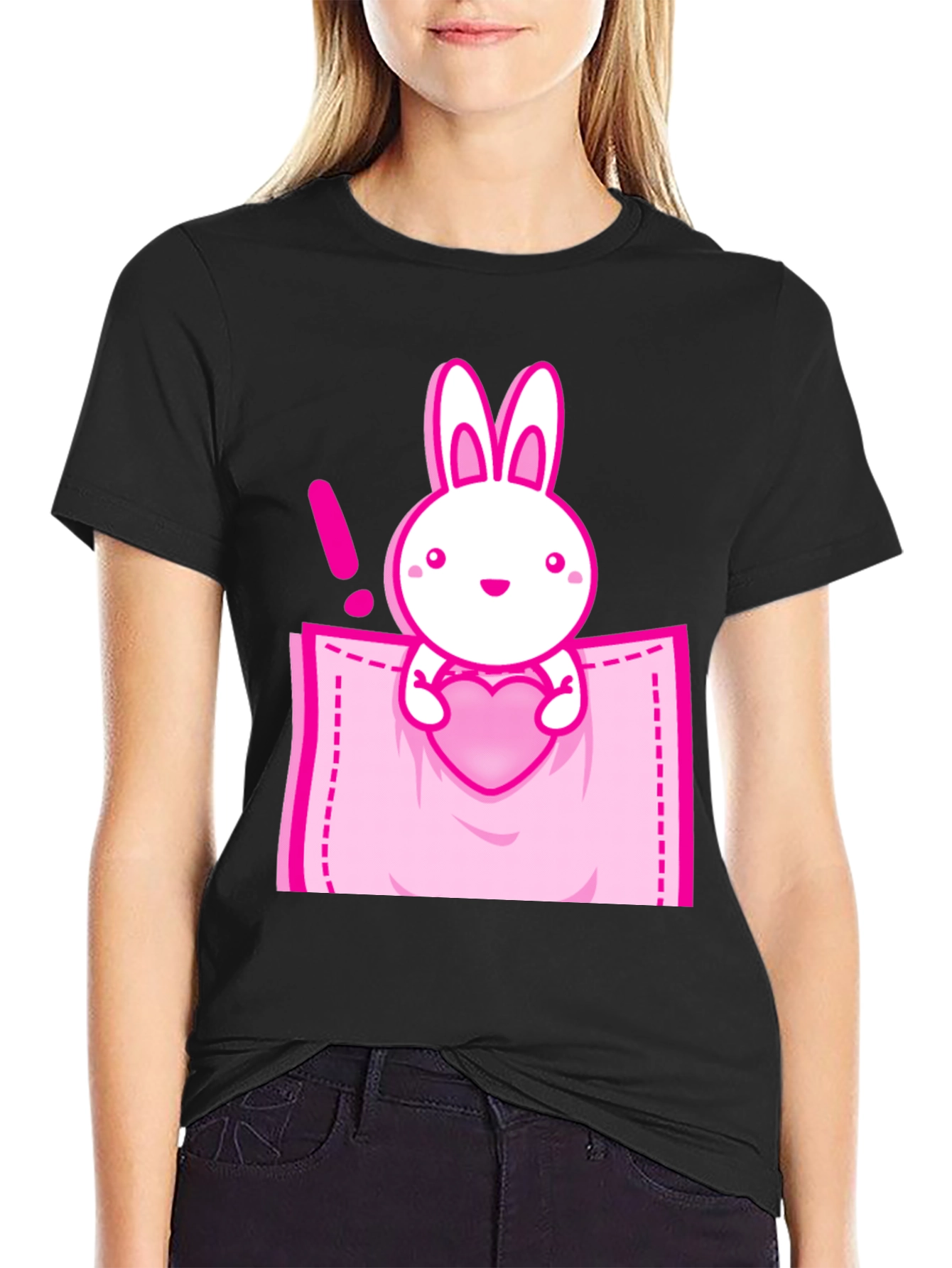 Cute Bunny in Pocket Graphic Tee - Black Cotton Shirt