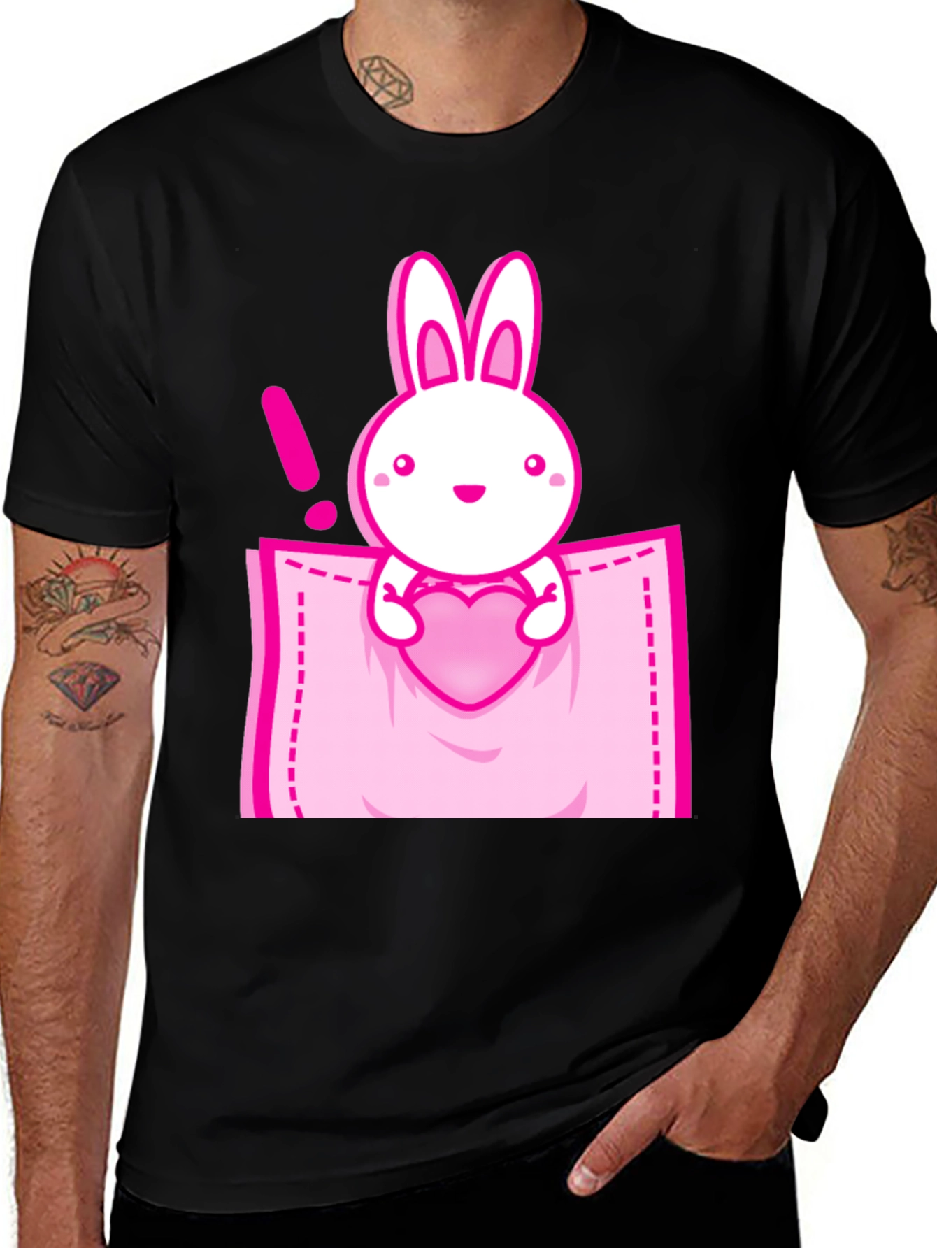 Cute Bunny in Pocket Graphic Tee - Black Cotton Shirt