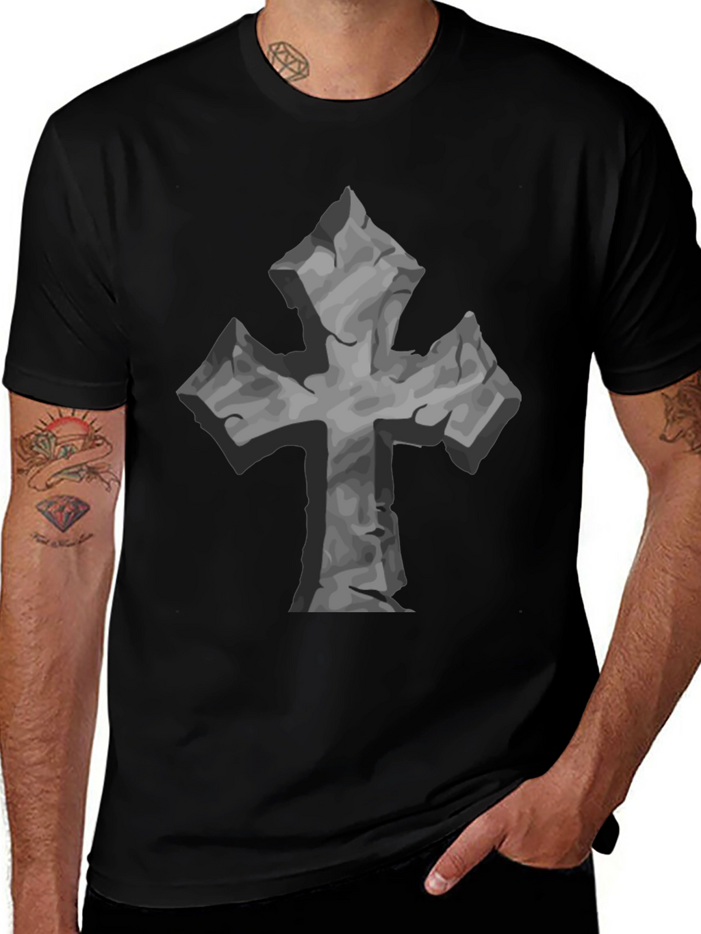 Stone Cross Graphic Tee - Black Casual T-Shirt