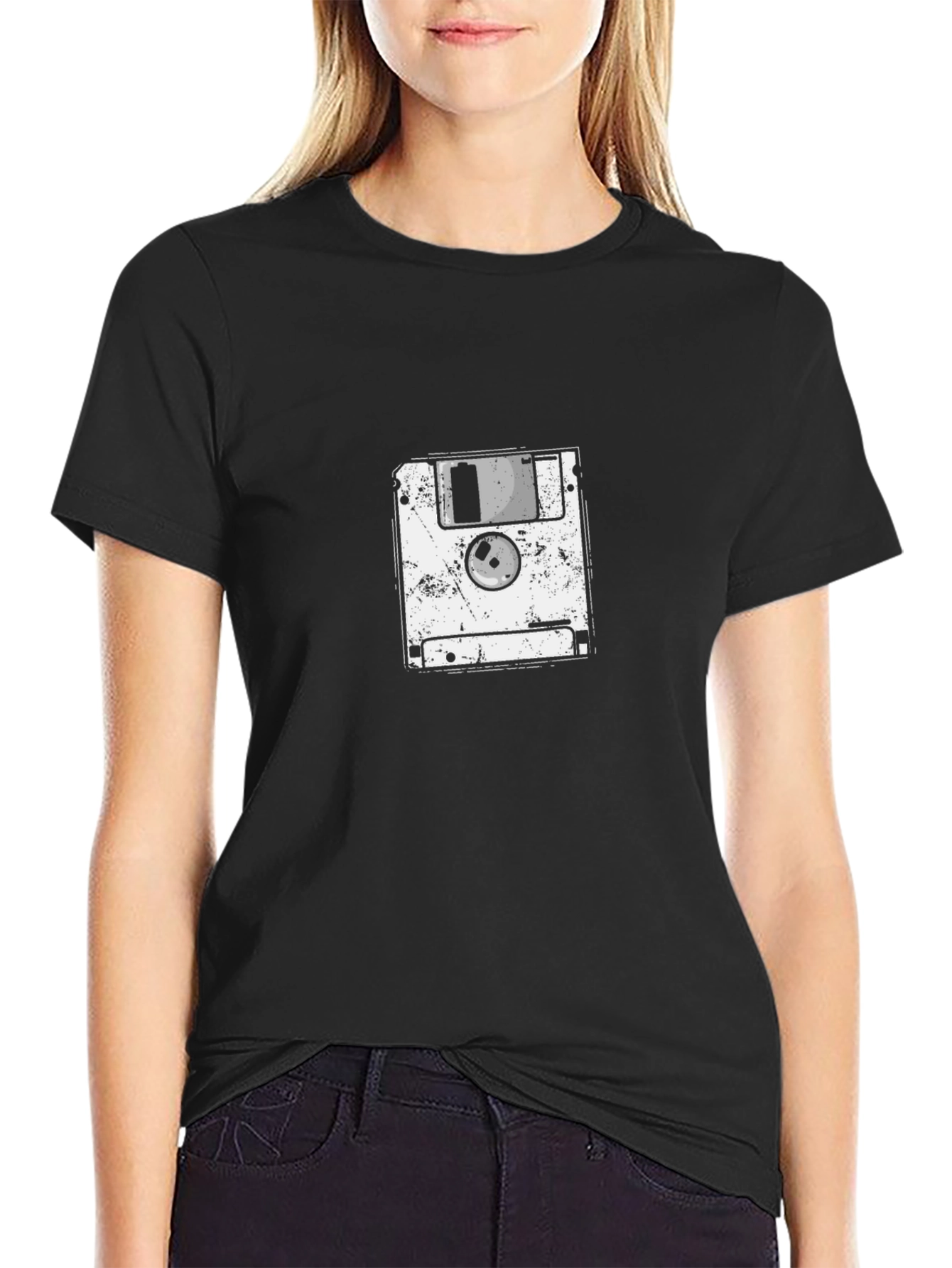 Retro Floppy Disk Graphic T-Shirt - Black