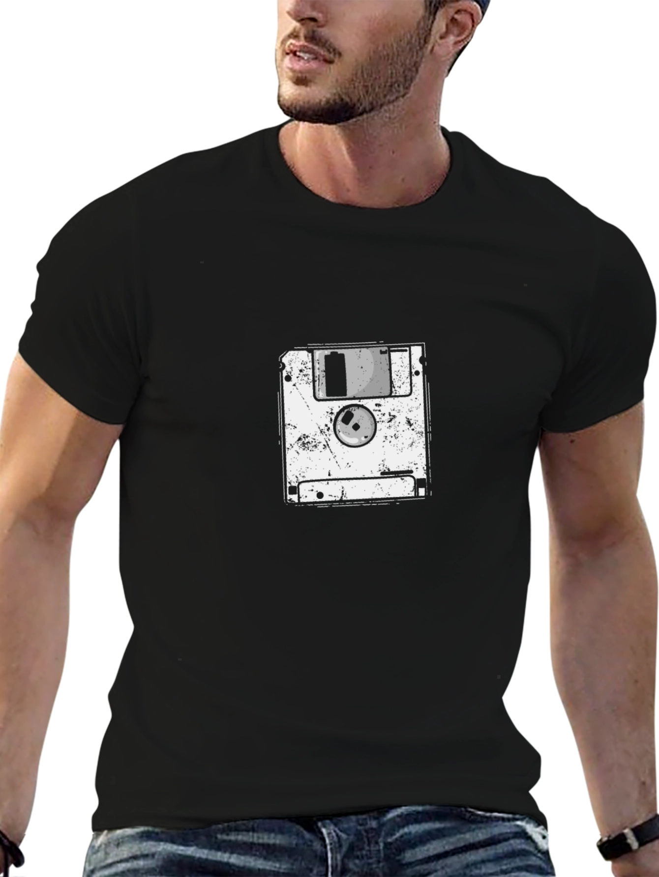 Retro Floppy Disk Graphic T-Shirt - Black