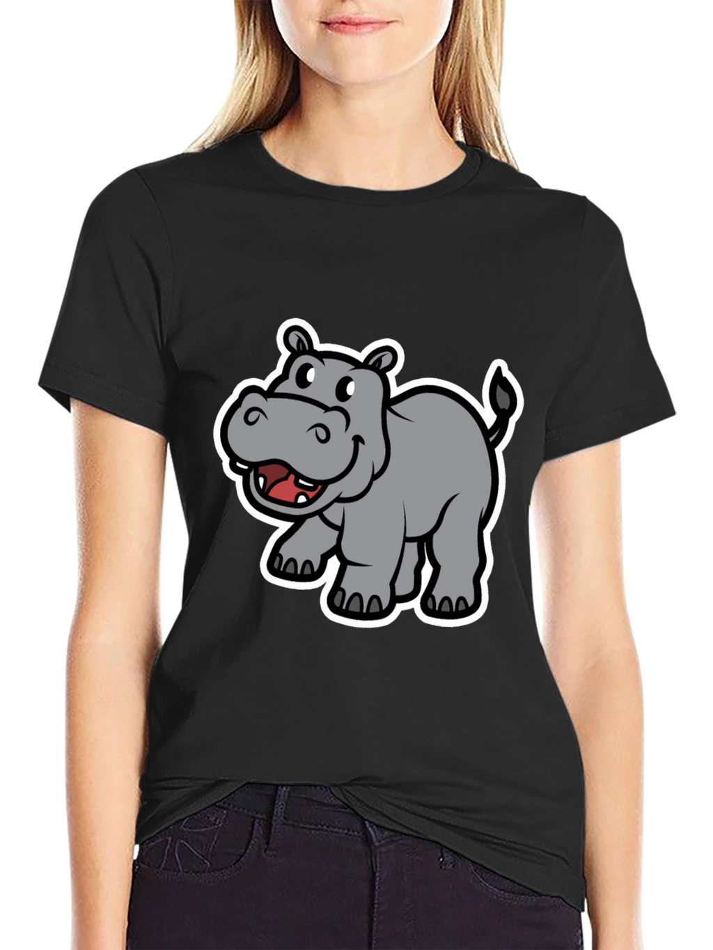 Hippo Cartoon Graphic Black T-Shirt