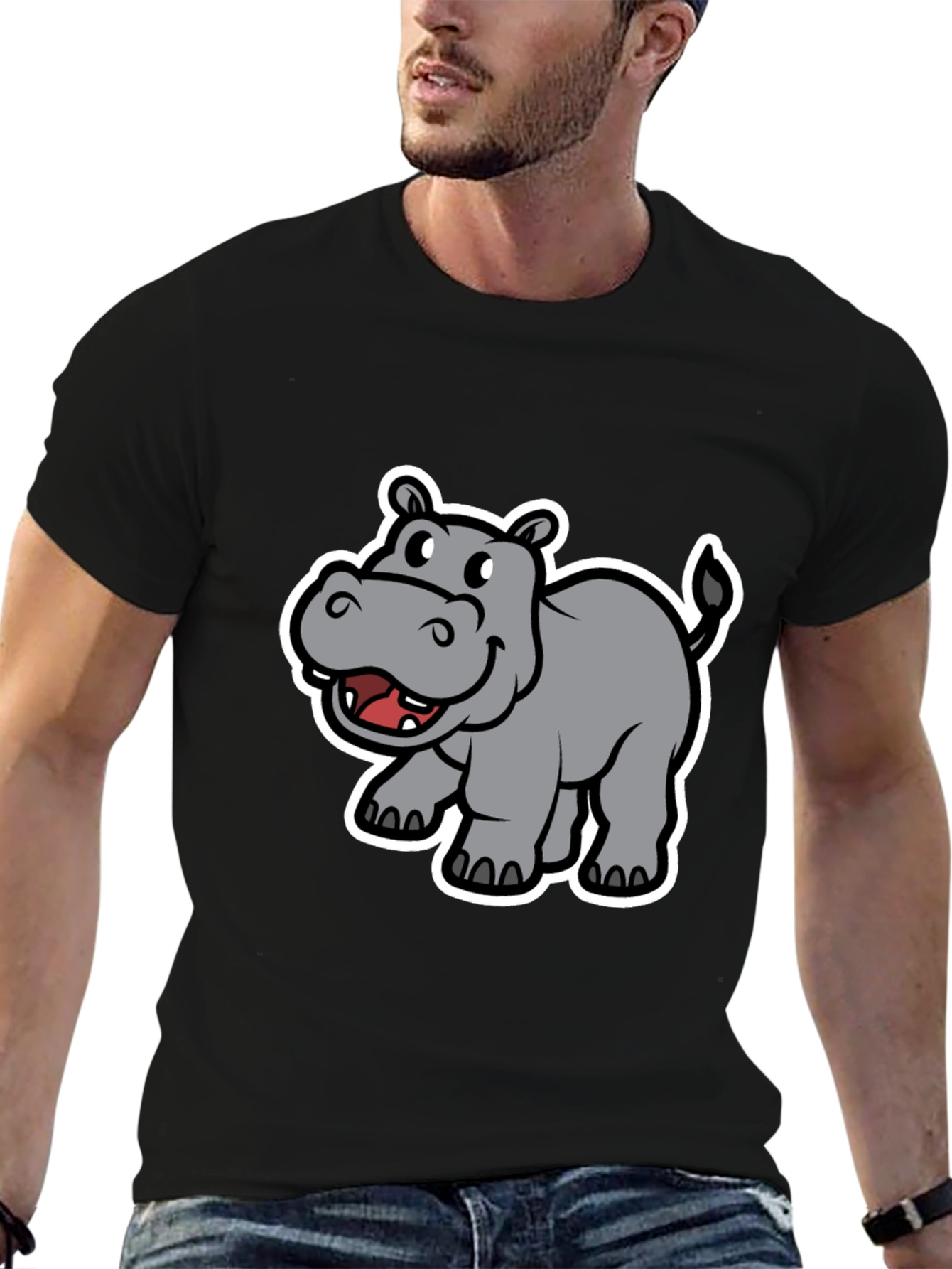 Hippo Cartoon Graphic Black T-Shirt
