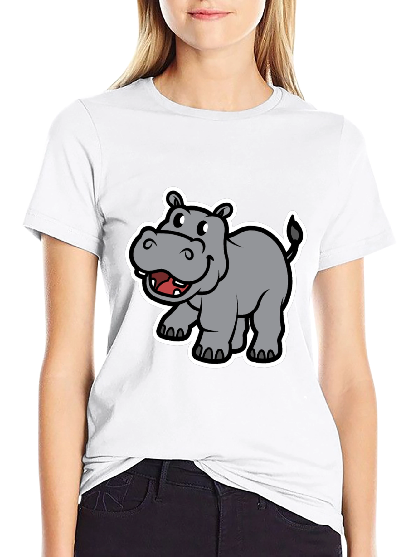 Hippo Cartoon Graphic Black T-Shirt