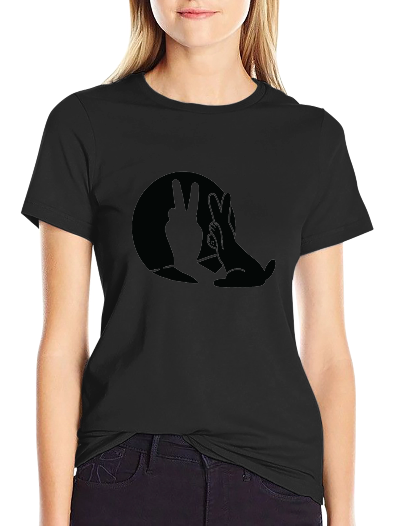 Black T-Shirt with Bunny Hand Shadow Graphic