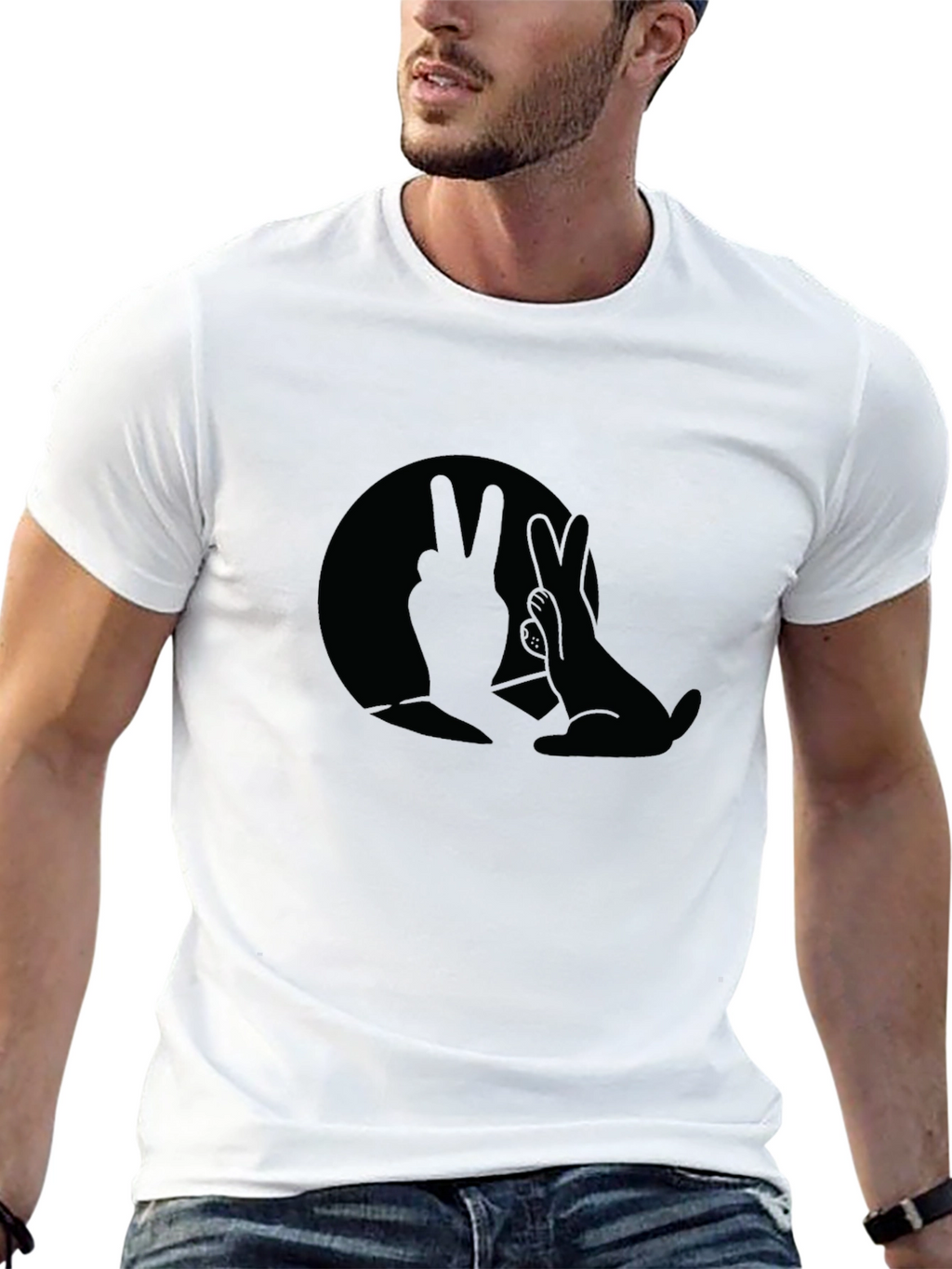 Black T-Shirt with Bunny Hand Shadow Graphic