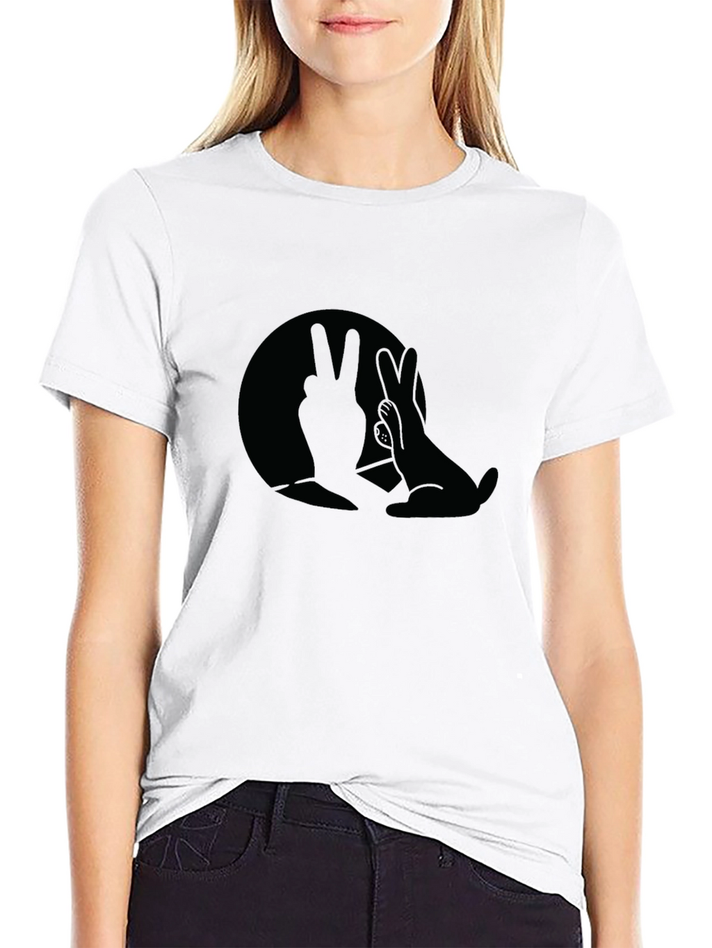 Black T-Shirt with Bunny Hand Shadow Graphic