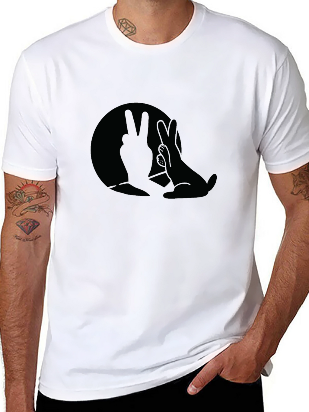 Black T-Shirt with Bunny Hand Shadow Graphic