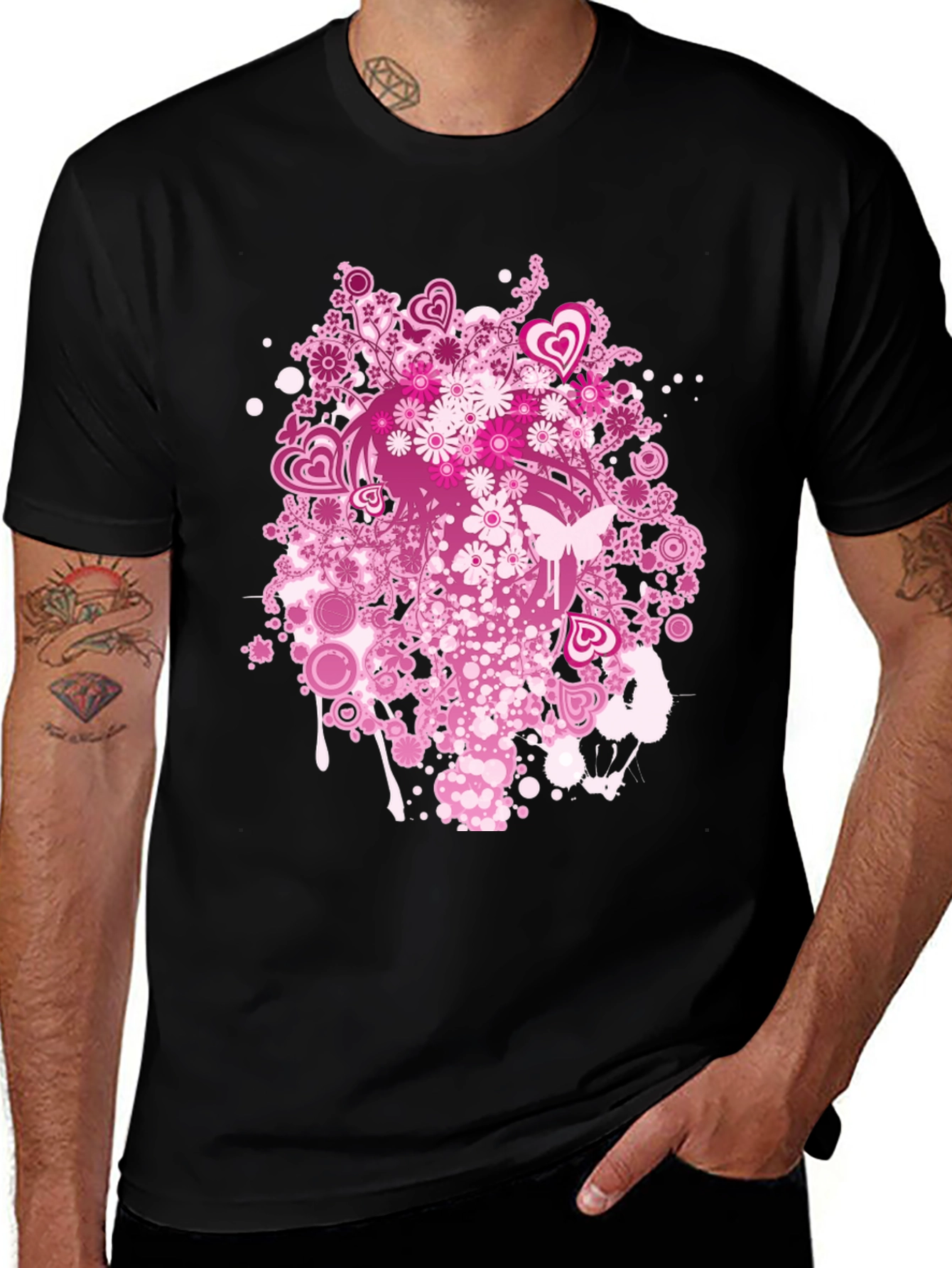 Floral Heart Print Black T-Shirt