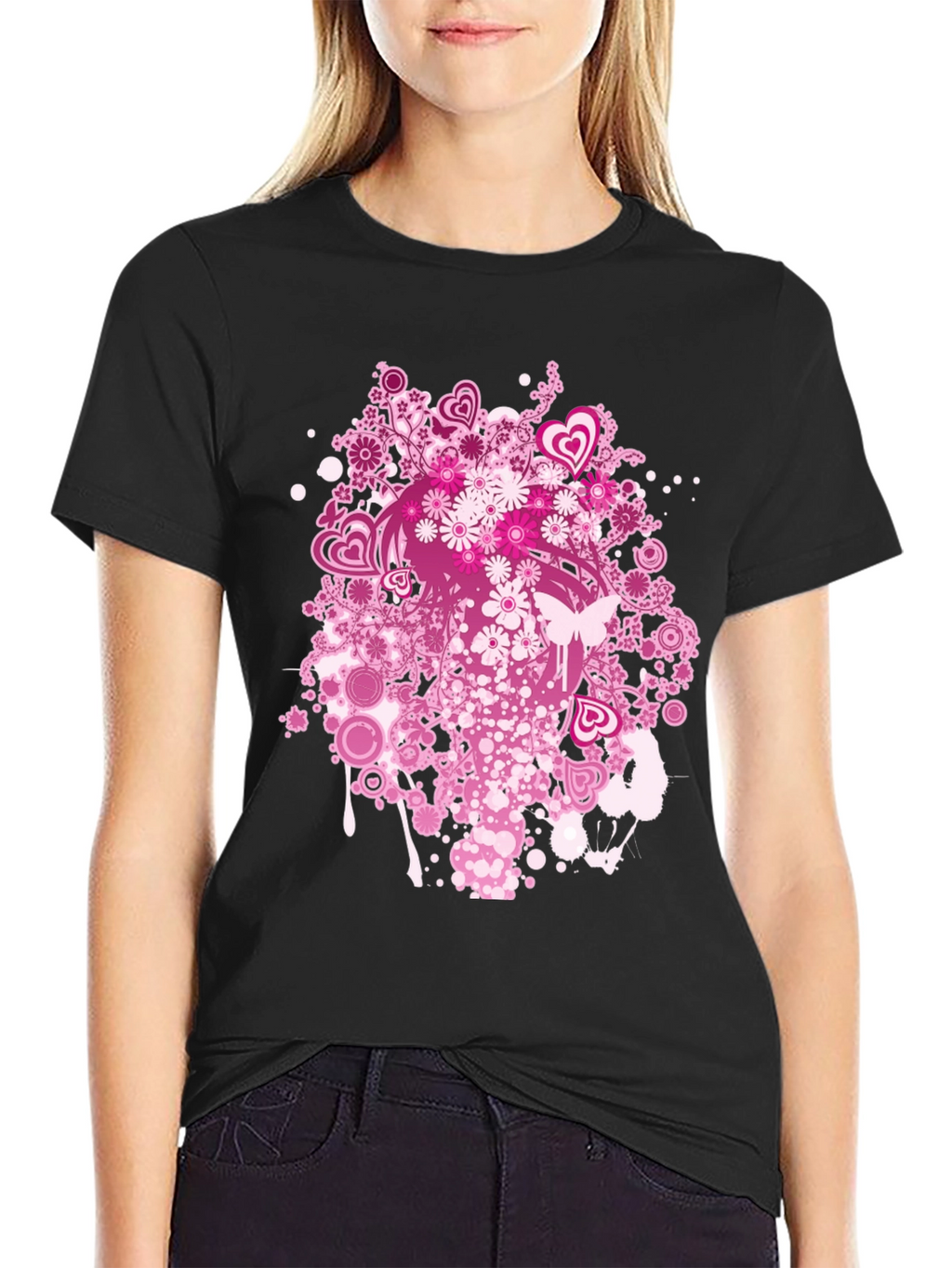 Floral Heart Print Black T-Shirt