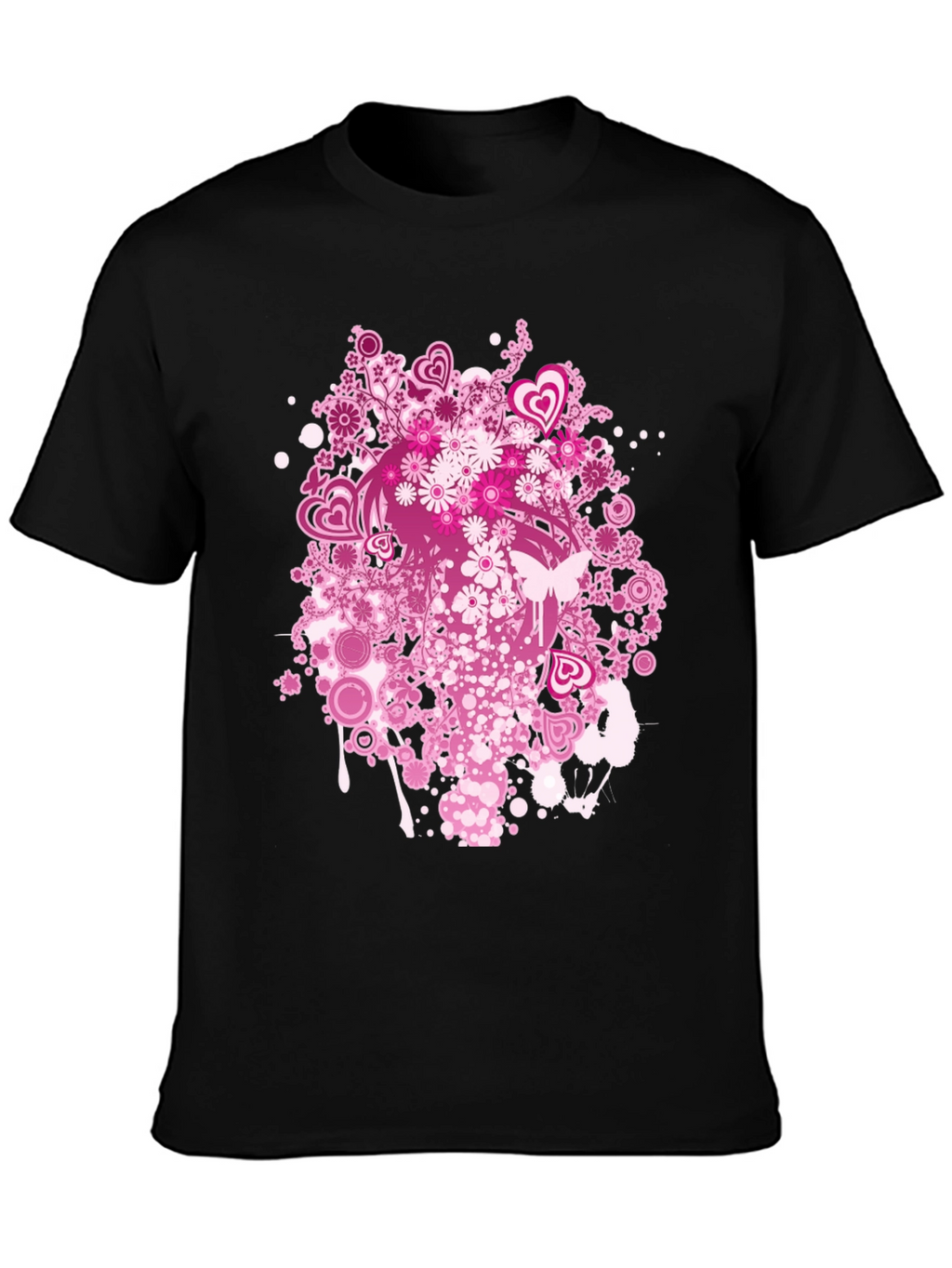 Floral Heart Print Black T-Shirt