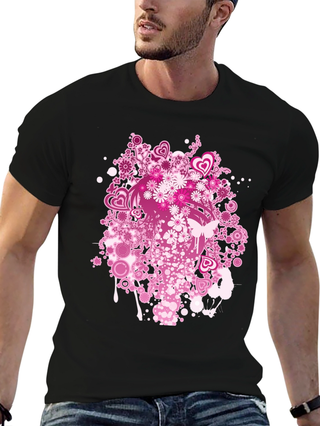 Floral Heart Print Black T-Shirt