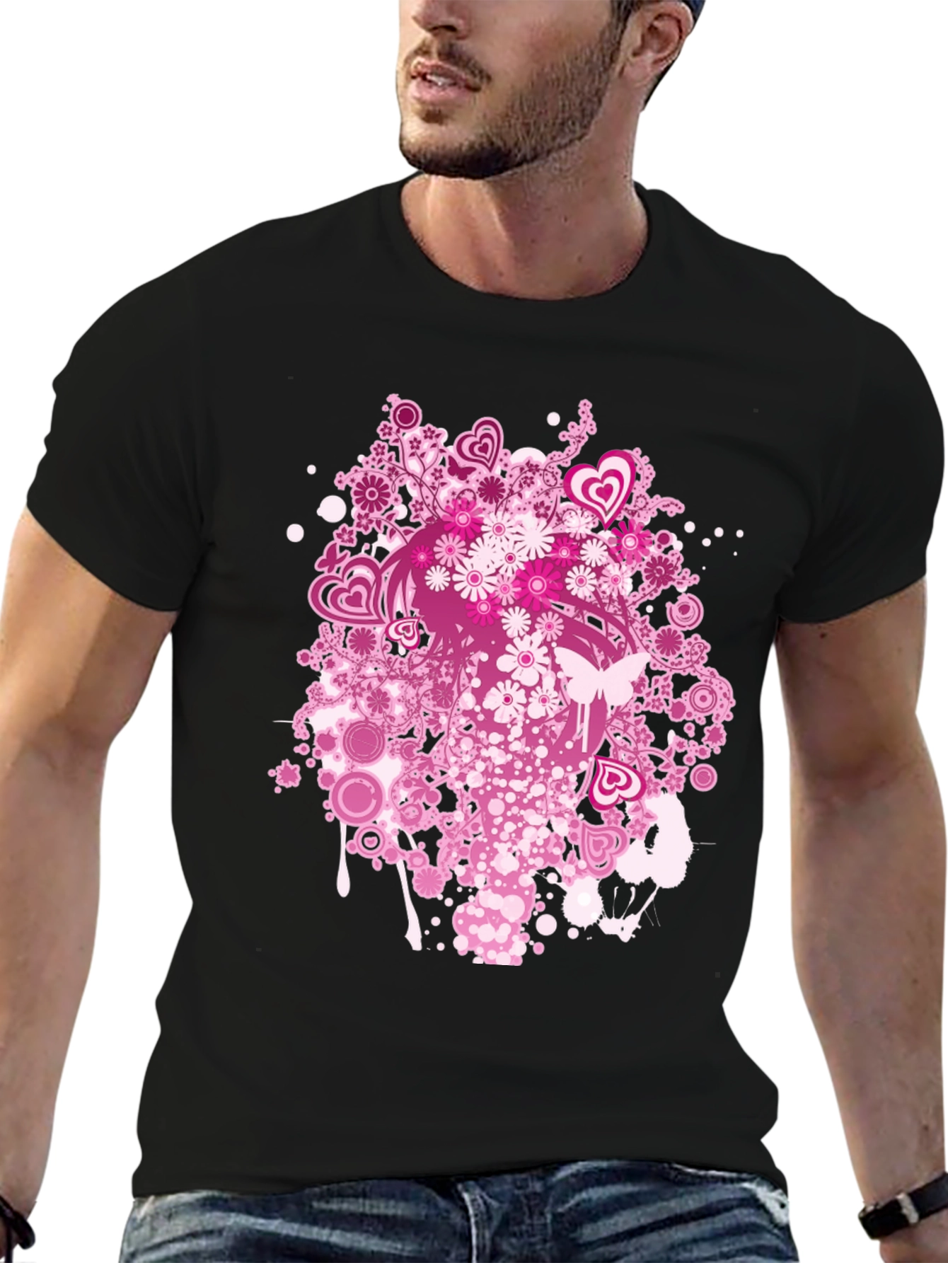 Floral Heart Print Black T-Shirt