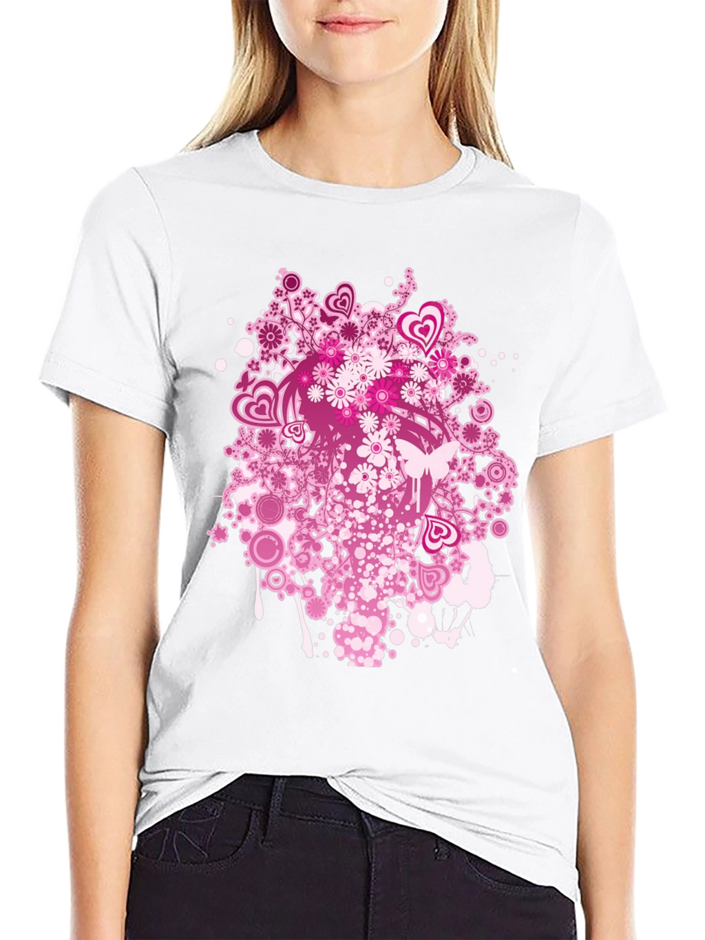 Floral Heart Print Black T-Shirt