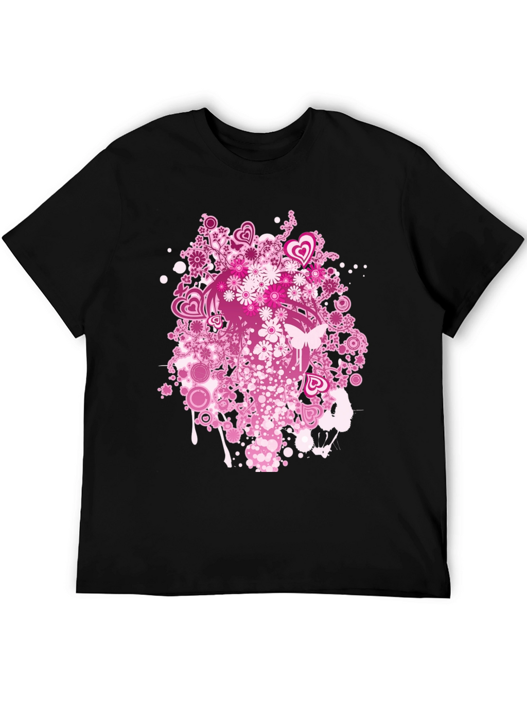 Floral Heart Print Black T-Shirt
