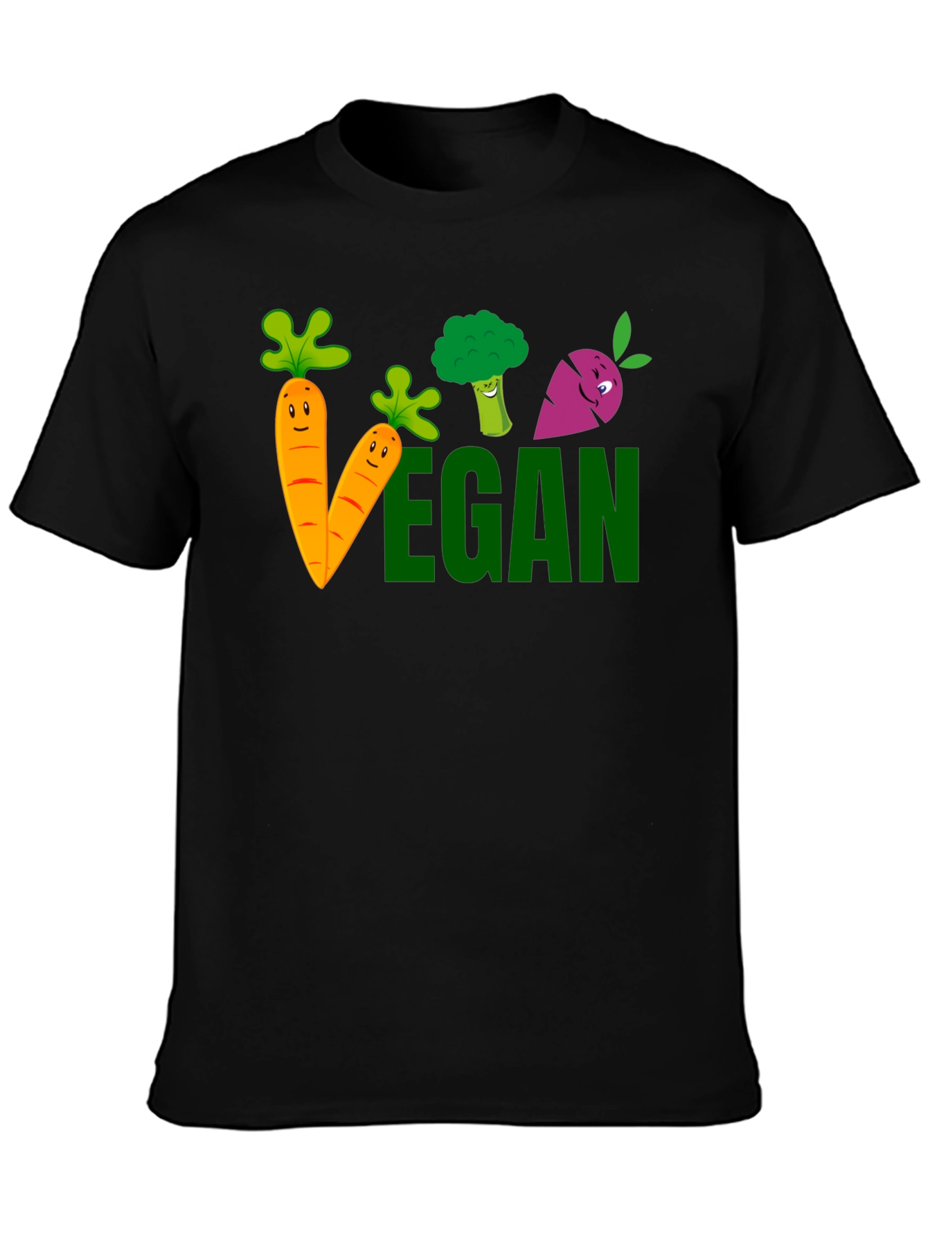 Vegan Cartoon Vegetable Black T-shirt