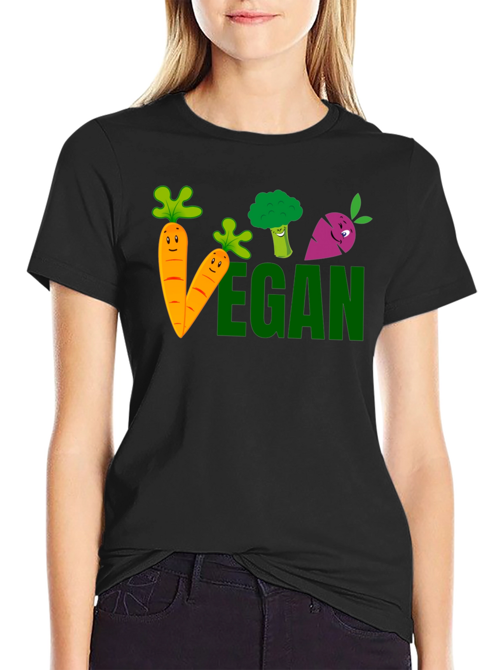 Vegan Cartoon Vegetable Black T-shirt