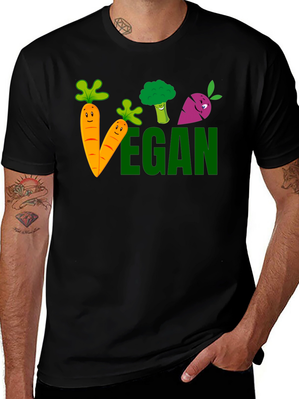 Vegan Cartoon Vegetable Black T-shirt