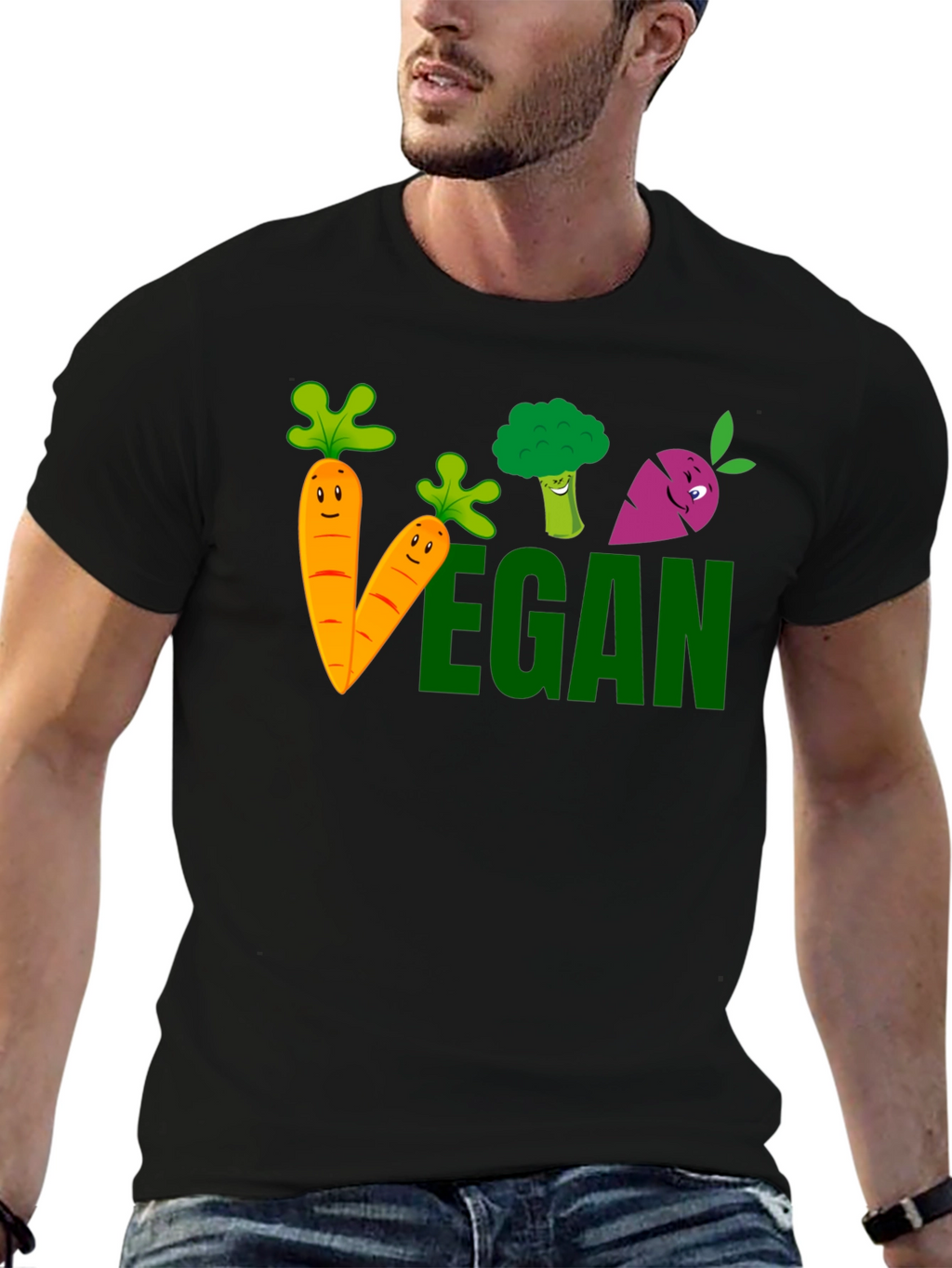 Vegan Cartoon Vegetable Black T-shirt