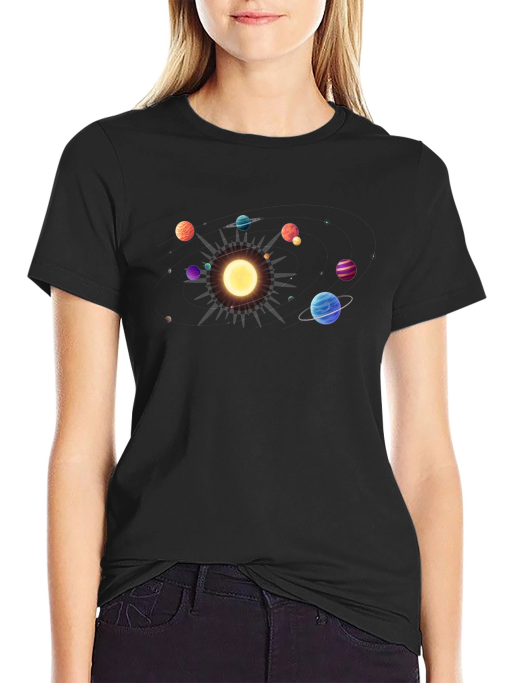 Solar System Graphic Tee - Black Cotton Casual Shirt