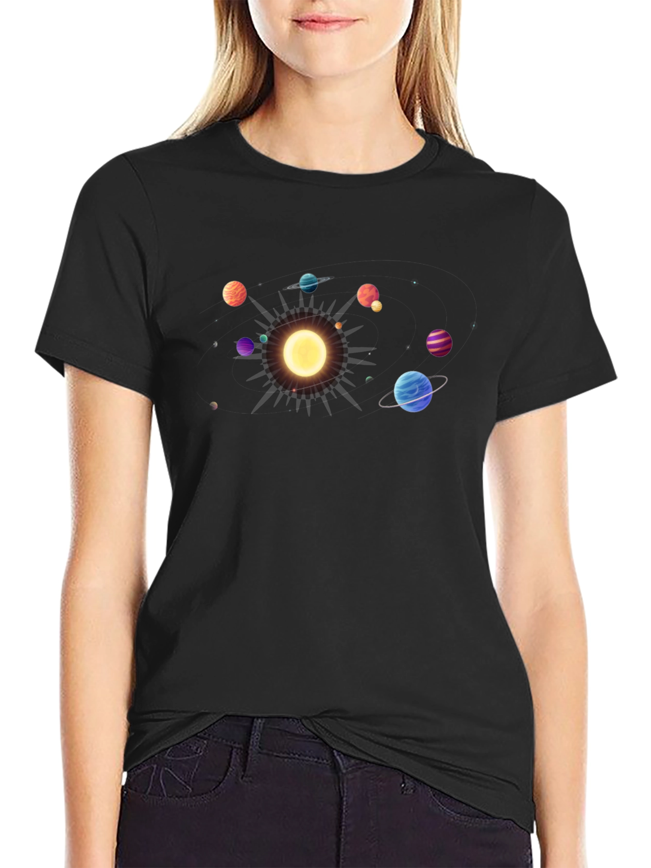 Solar System Graphic Tee - Black Cotton Casual Shirt