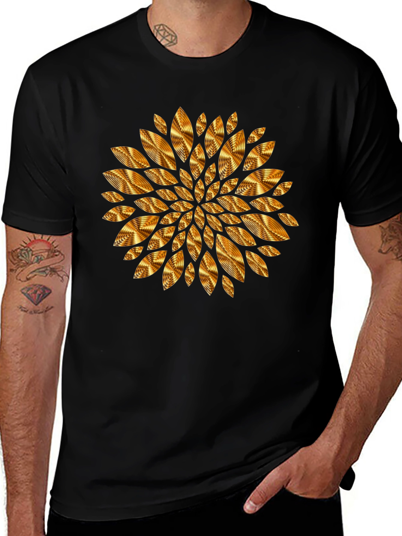 Geometric Golden Petal Graphic Black T-Shirt