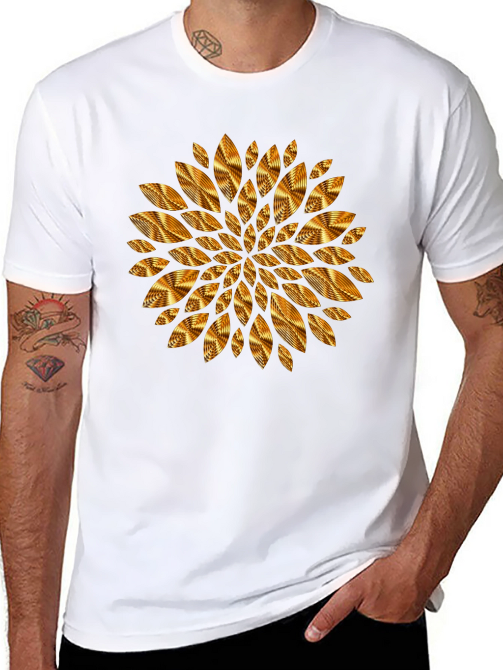 Geometric Golden Petal Graphic Black T-Shirt