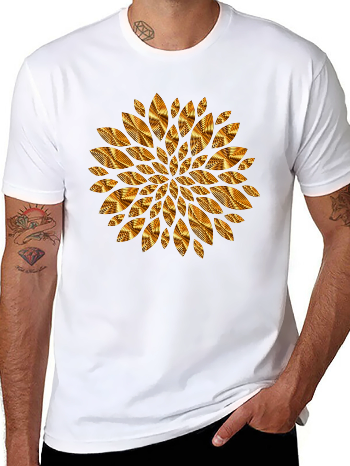 Geometric Golden Petal Graphic Black T-Shirt