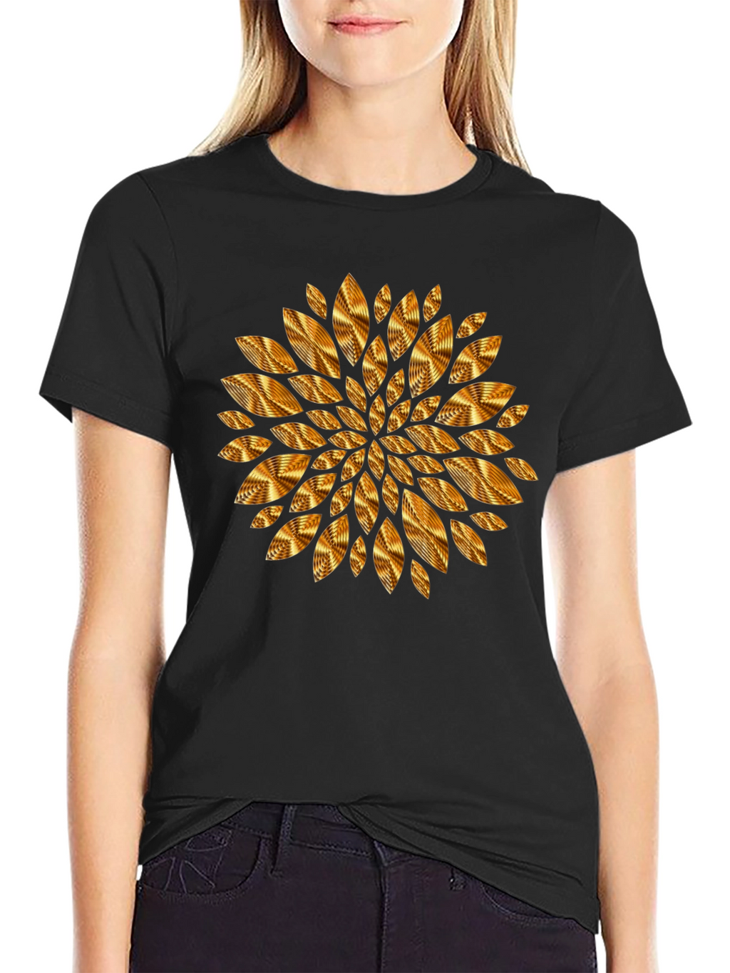 Geometric Golden Petal Graphic Black T-Shirt