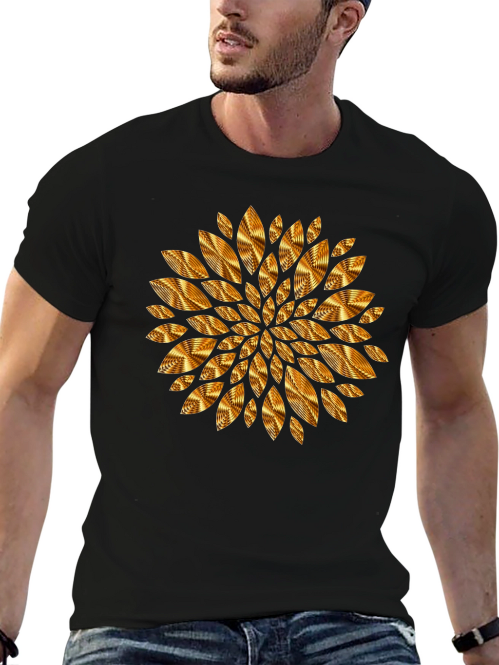 Geometric Golden Petal Graphic Black T-Shirt