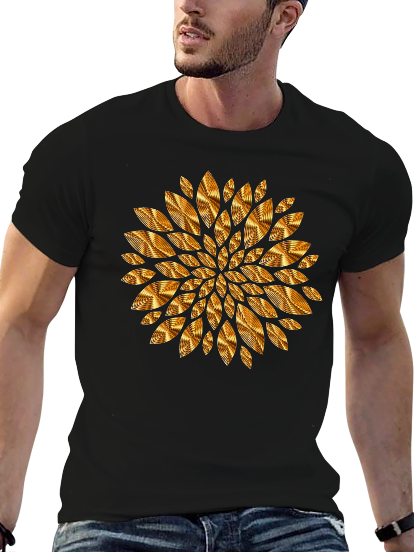Geometric Golden Petal Graphic Black T-Shirt