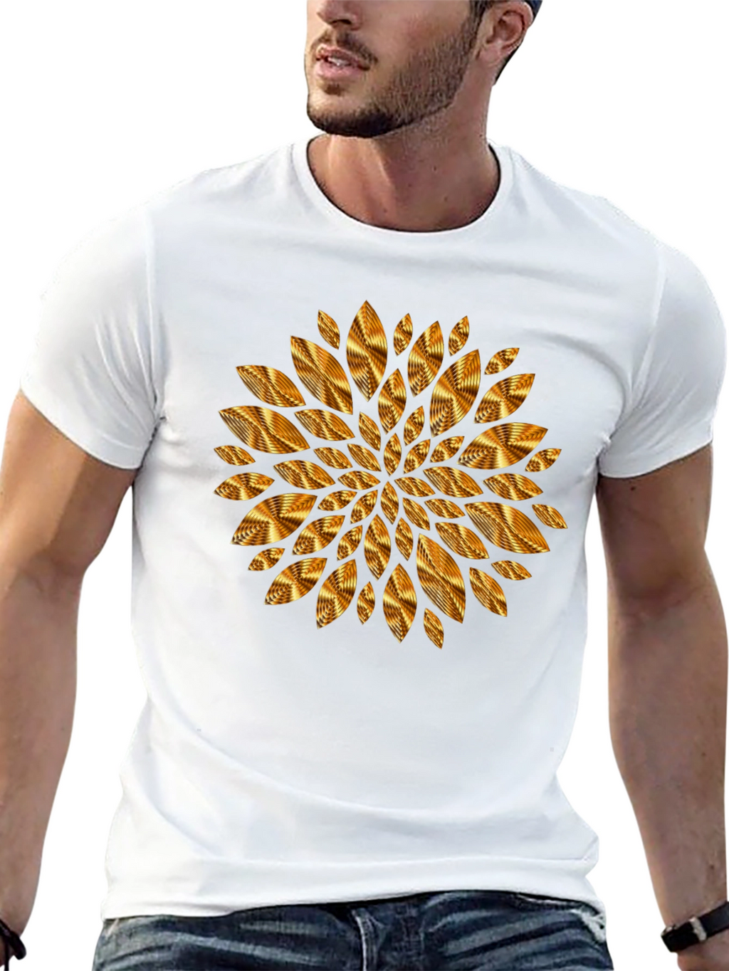 Geometric Golden Petal Graphic Black T-Shirt