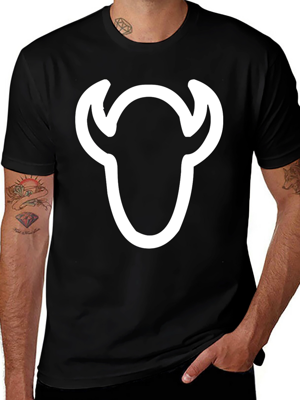 Black T-Shirt with White Bull Skull Graphic