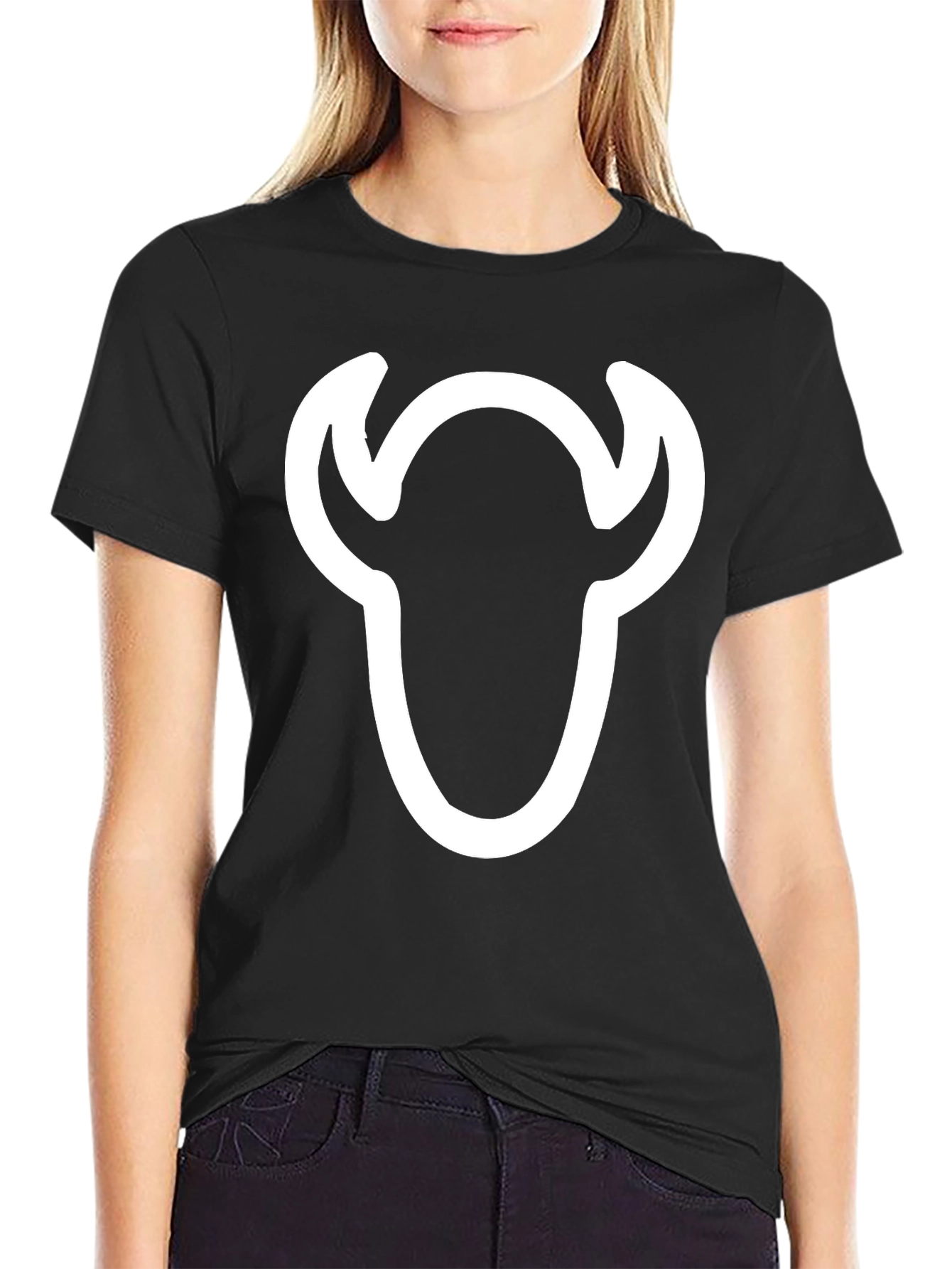 Black T-Shirt with White Bull Skull Graphic