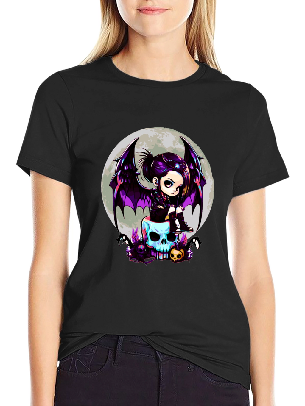 Gothic Girl on Skull T-Shirt - Halloween Tee