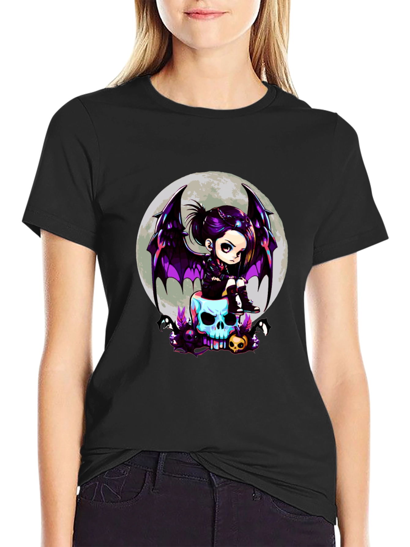 Gothic Girl on Skull T-Shirt - Halloween Tee