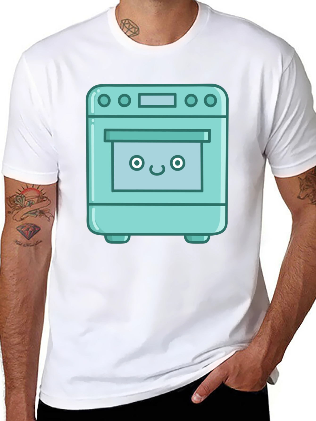Cute Oven Cartoon Graphic T-Shirt - Black