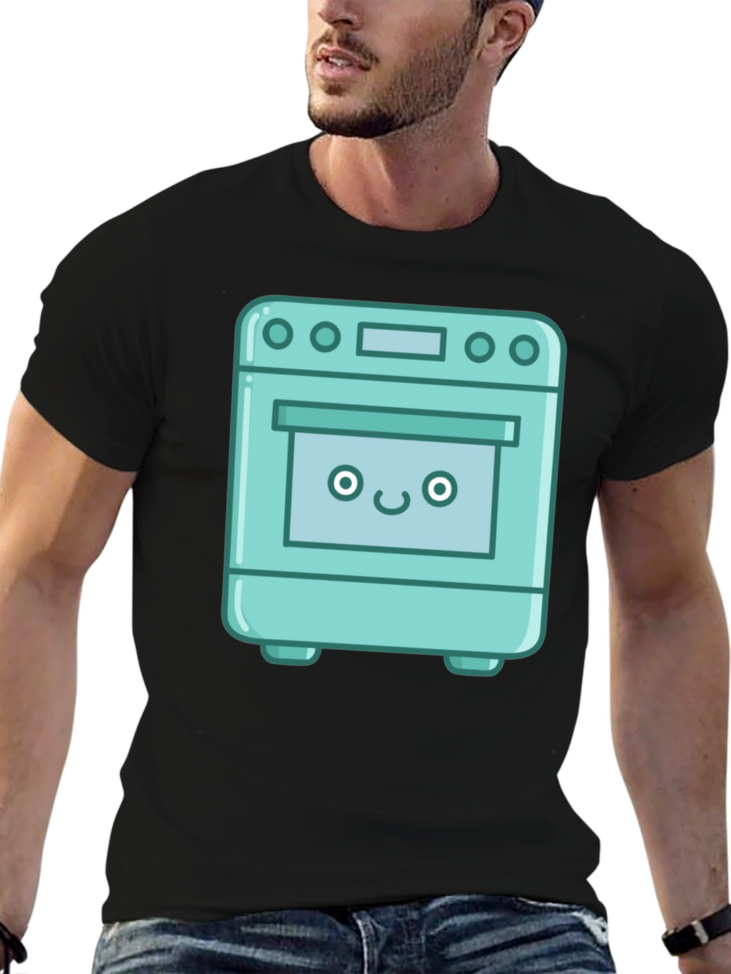 Cute Oven Cartoon Graphic T-Shirt - Black