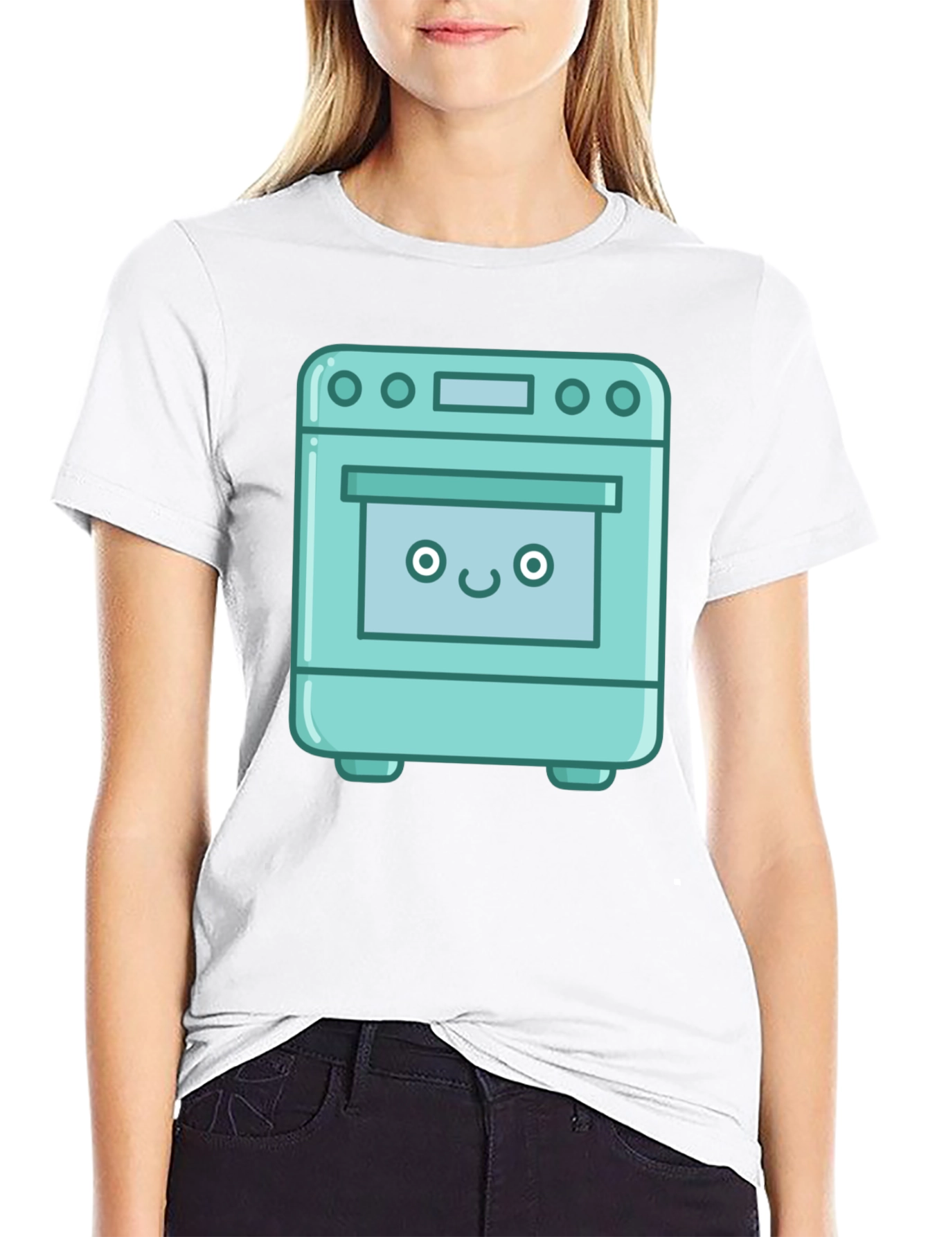 Cute Oven Cartoon Graphic T-Shirt - Black