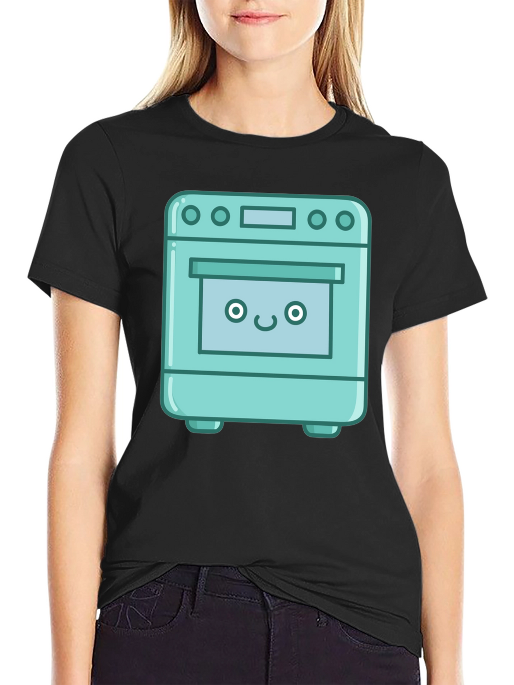 Cute Oven Cartoon Graphic T-Shirt - Black
