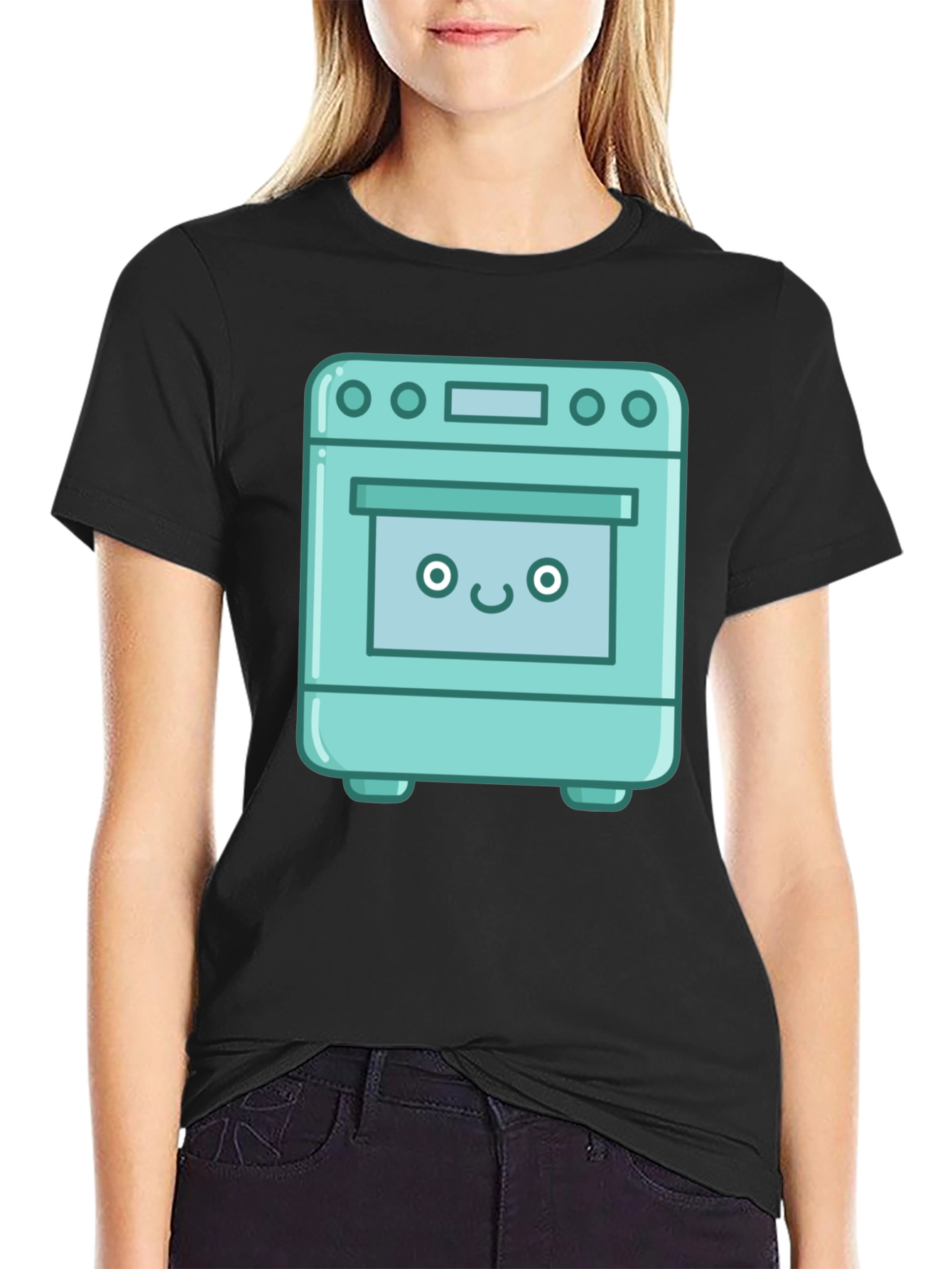 Cute Oven Cartoon Graphic T-Shirt - Black